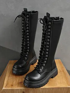 Women's High Heel Knight Boots, Dark Punk Style Round Toe Lace-Up Motorcycle Long Boots, New Fashion Height Increasing Rubber Shoes