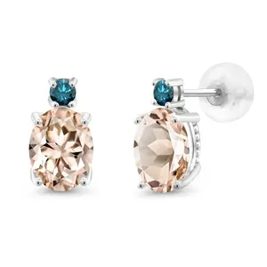 Gem Stone King 14K White Gold Gemstone Birthstone and Blue Diamond Stud Earrings For Women | Oval 8X6MM | Round 2.5MM | Elegant Two-Stone Design | Classic Fine Jewelry Earrings