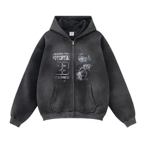 Unisex Fleece-Lined Washed High-Street Print Hoodie Sweatshirt 2026 New Arrival Jacket Street wear Casual Style
