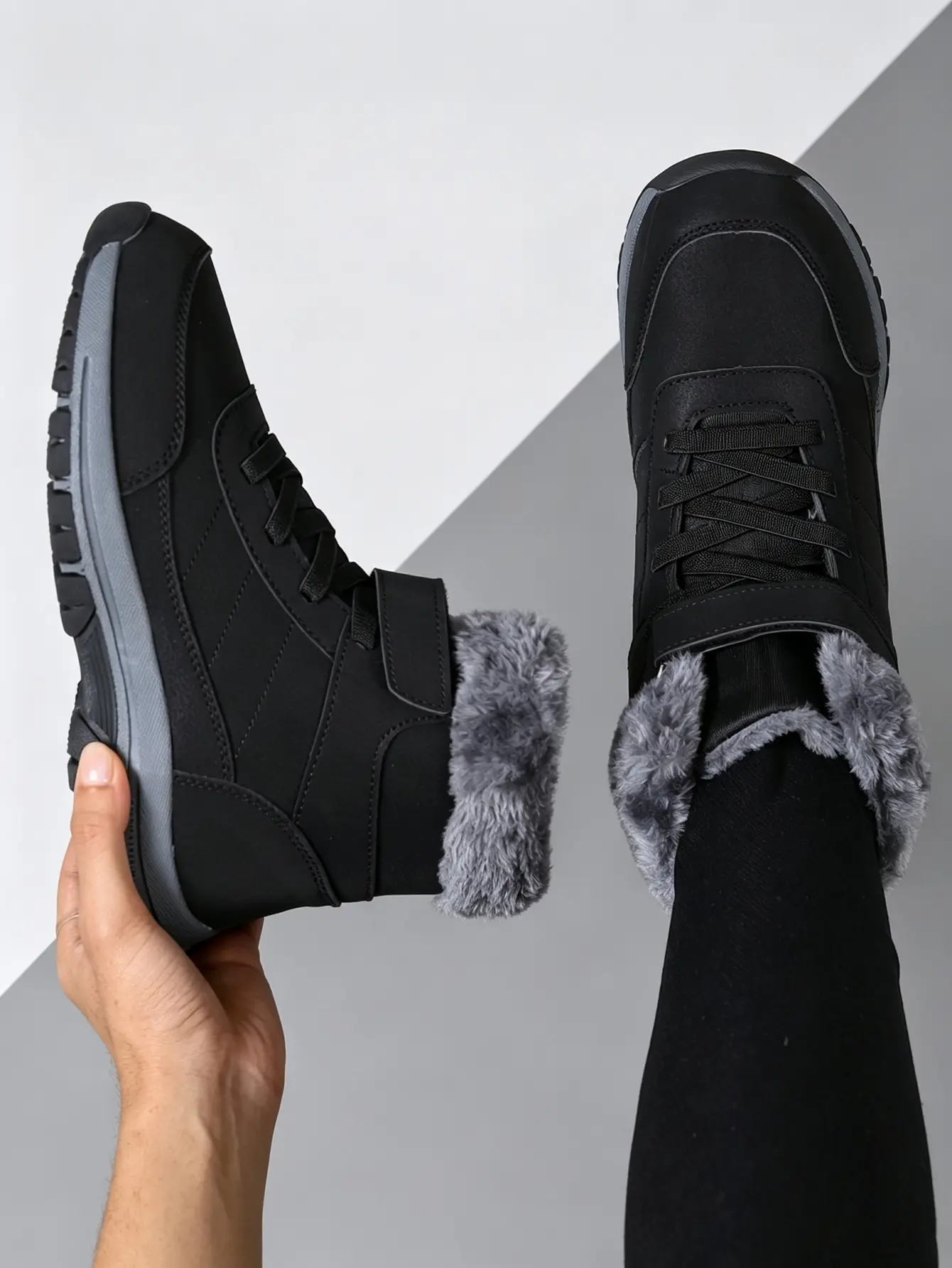 Winter Boots with Faux Fur Lining - Black Color, Lace-Up Design, Comfortable & Warm for Cold Weather
