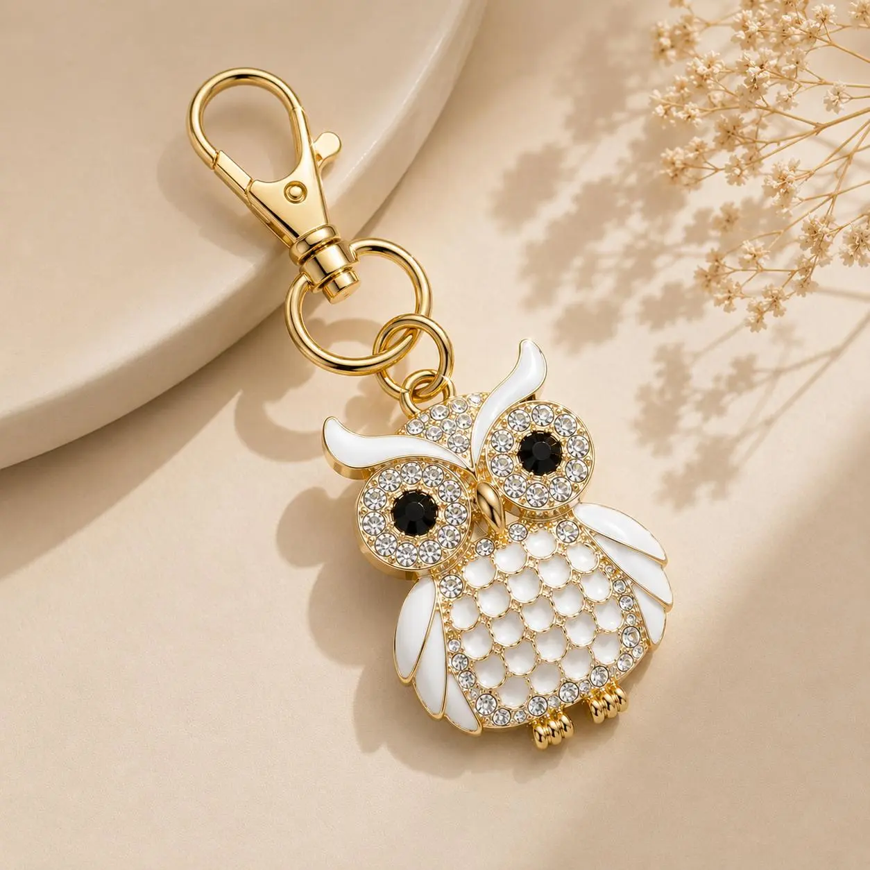 Unisex Metallic Designer Owl Gift Keychain - Decorative Feather-Inspired, Lightweight Fashion Accessory with Bright White Detailing, Elegant Gold Finish, Swivel Clip, Metal Keychains for Everyday Purse, Keyrings