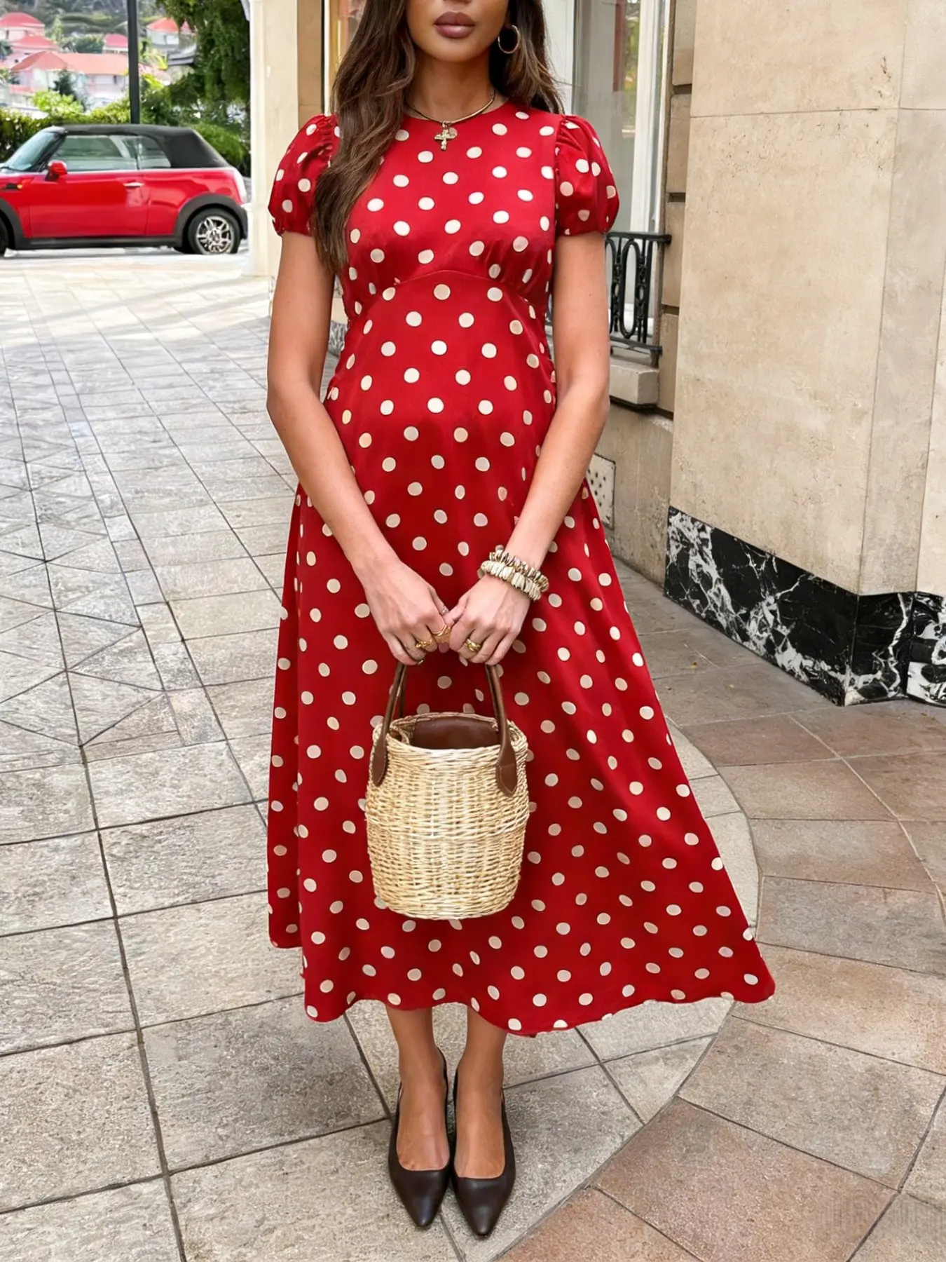 picy Coquette Red Polka Dot Crew Neck Puff Sleeve Fit & Flare Midi Dress Vintage French picy Coquette Red Polka Dot Crew Neck Puff Sleeve Fit & Flare Midi Dress Vintage French