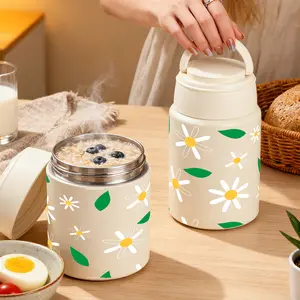 1pc 27/17oz Insulated Food Jar with Yellow Dots and Green Leaves Pattern, Lunch Vacuum Soup Thermos For Hot Food with Inserts Stackable Bento Box Storage Container,Width Mouth Stainless Steel Portable Insulated