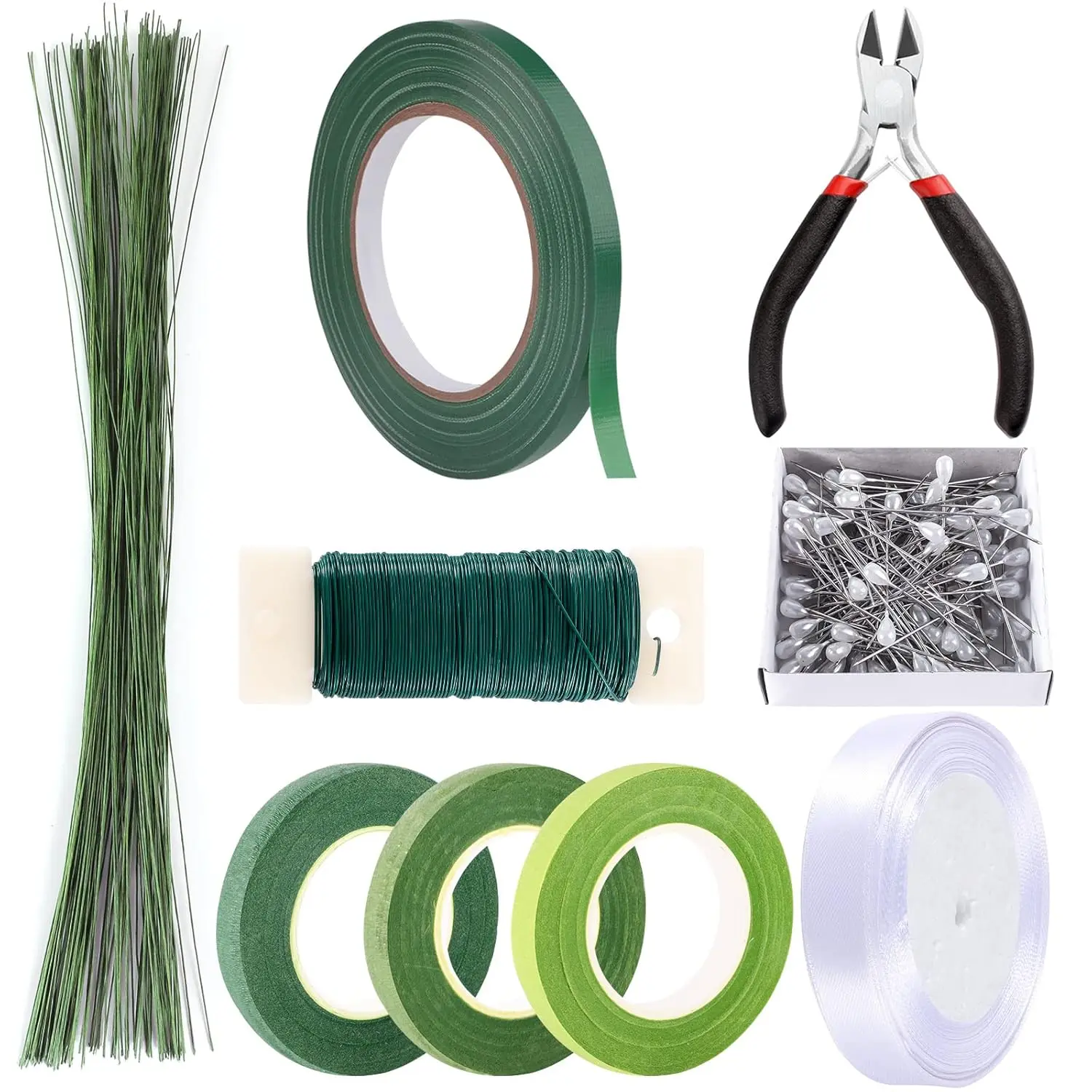 Floral Tape and Floral Wire Floral Arrangement Kit,Green Floral Tape and Boutonniere Pin White Ribbon Wire Cutter 22 Guage Floral Stem Wire for Wreath Making Supplies