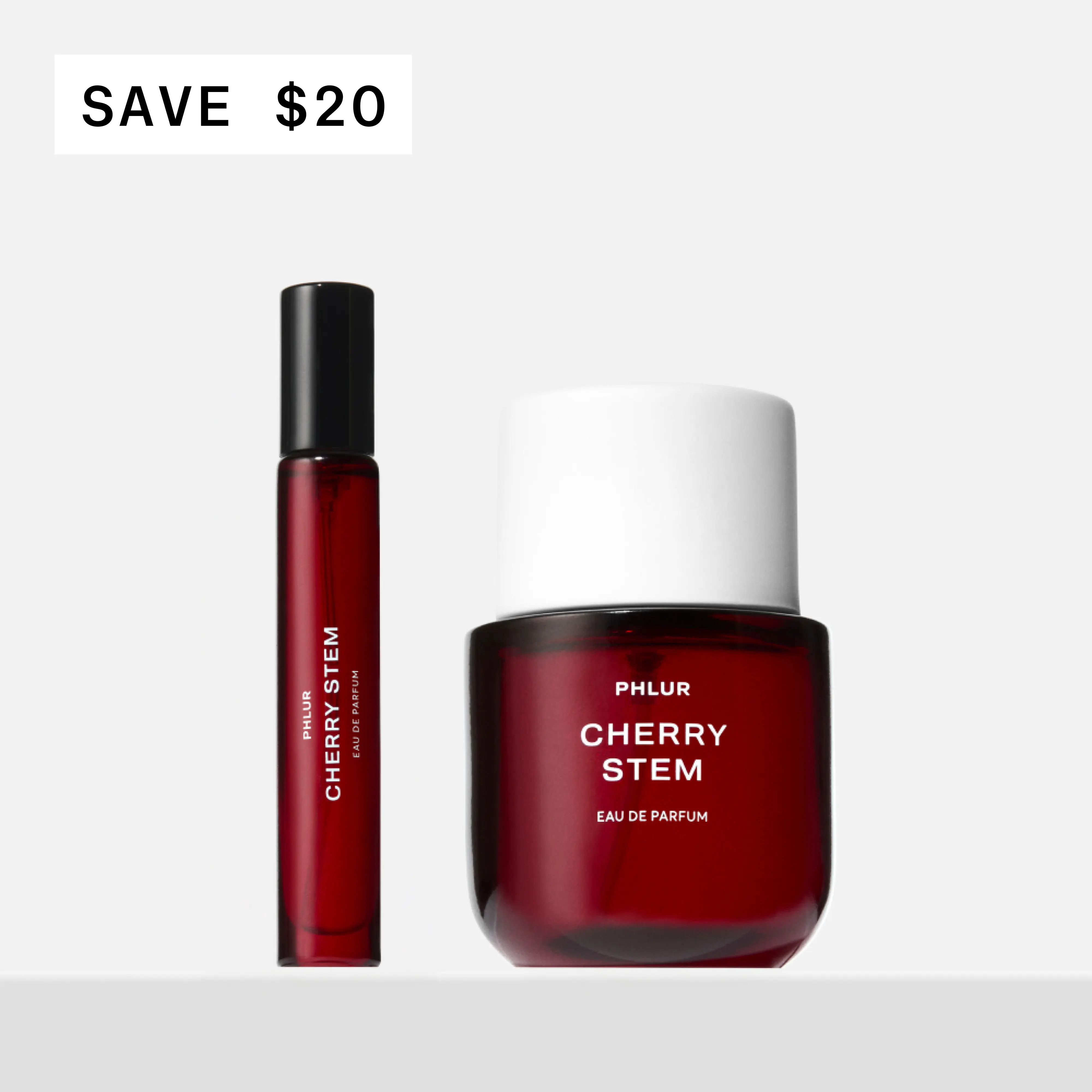 PHLUR Cherry Stem Eau de Parfum Duet - Full + Travel Size Perfume Set with Black Cherry, Plum Nectar & Ebony Woods (50mL + 9.5mL) PHLUR Cherry Stem Eau de Parfum Duet - Full + Travel Size Perfume Set with Black Cherry, Plum Nectar & Ebony Woods (50mL + 9.5mL)