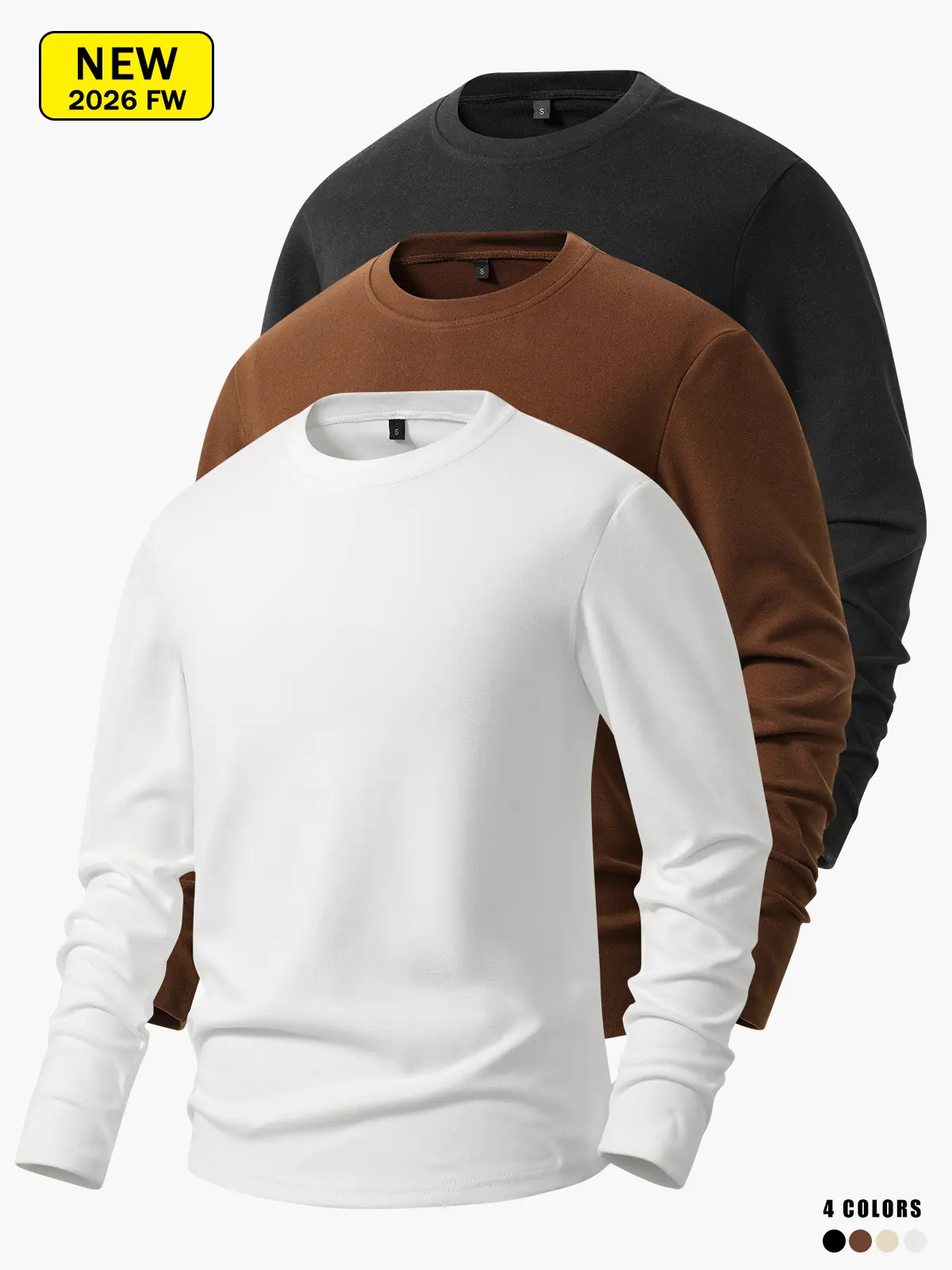 Men’s crewneck thermal fleece long-sleeve top, solid color casual inner layer, soft base layer