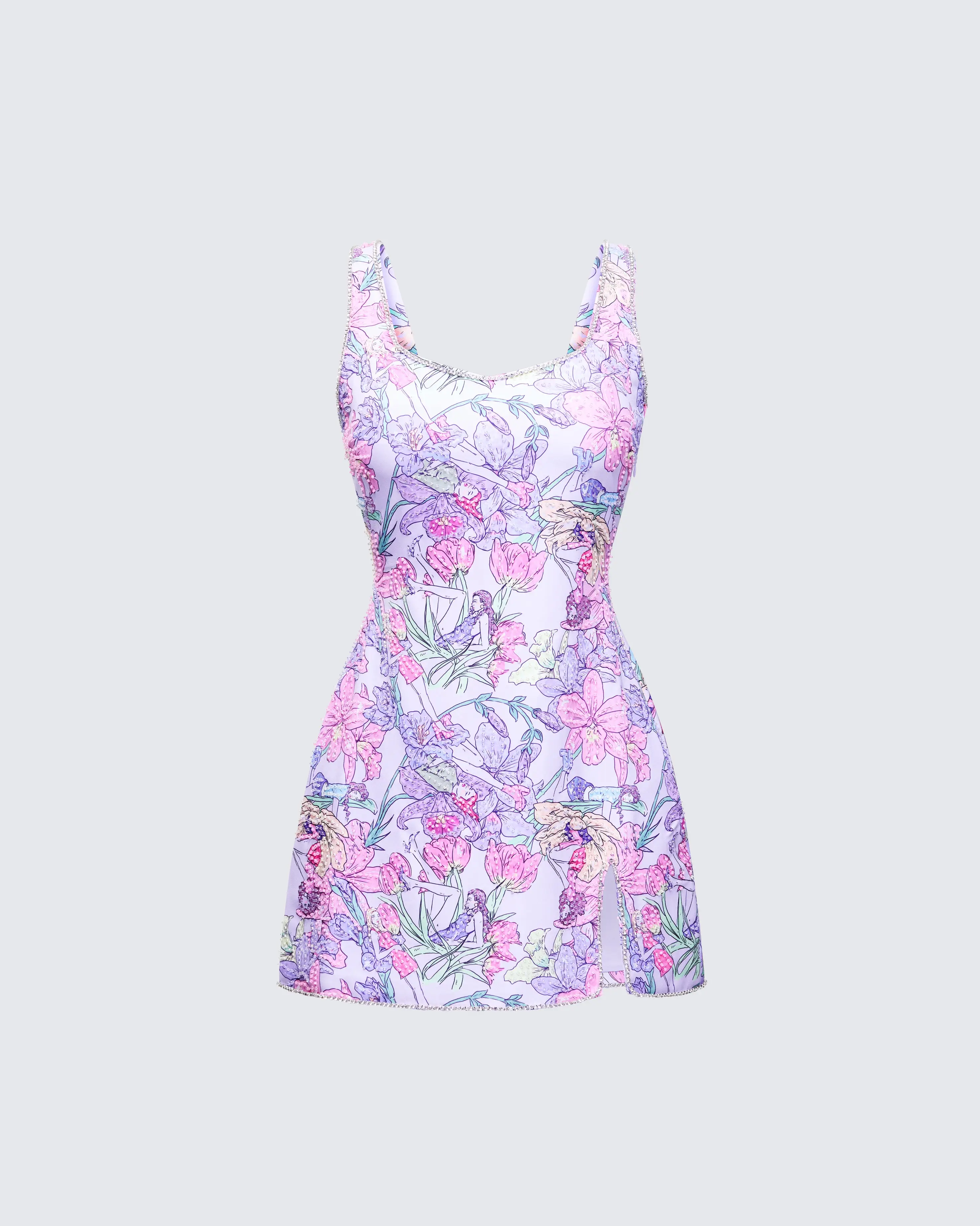 Women's Fitted Sleeveless Lilac Floral Printed Hand-Embellished Spandex Strap Casual Mini Dress, Skirt-Style Design