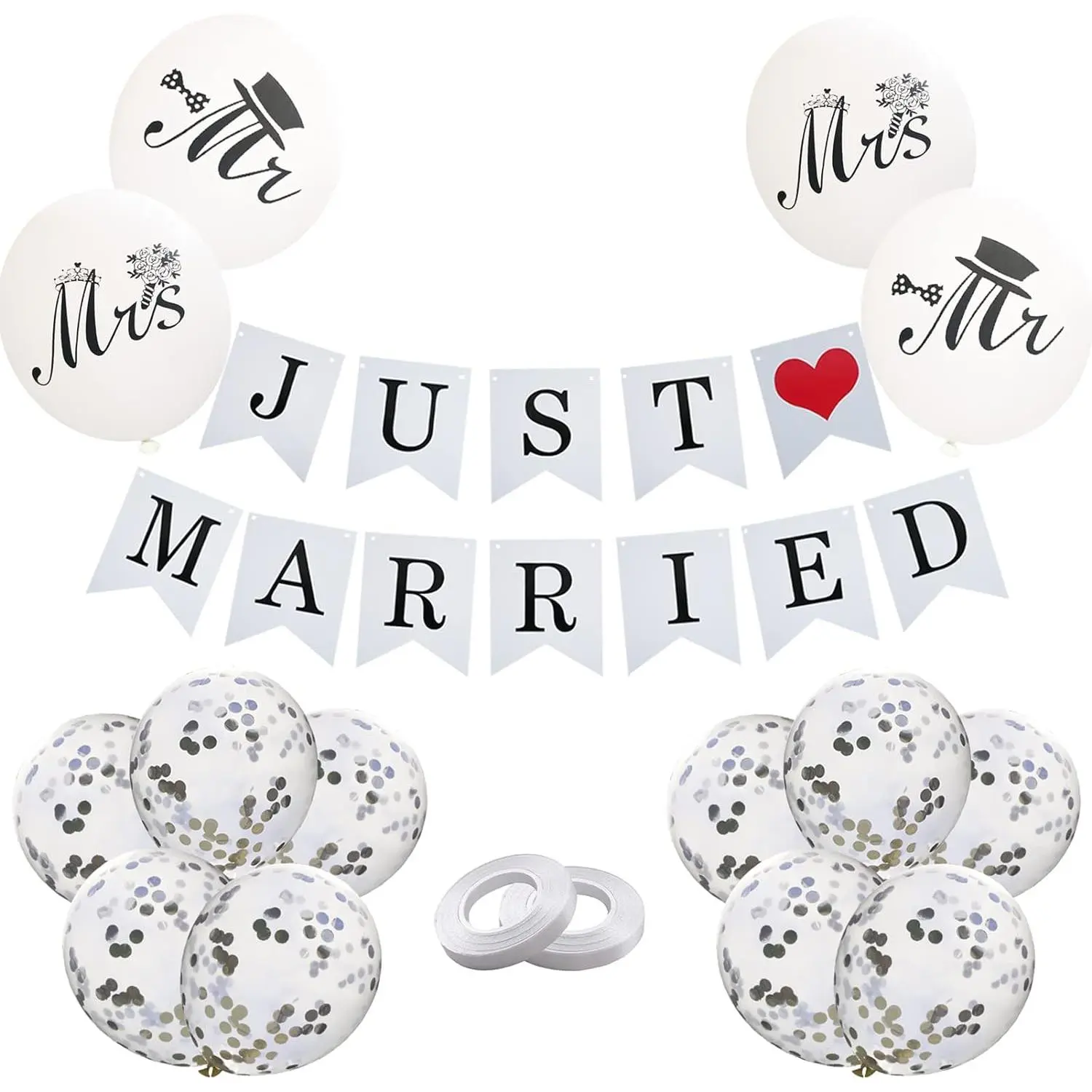 Vintage White and Silver Printed Just Married Hanging Banner, Balloons & Bunting Set - Wedding Party Car Decor, Bridal Shower Photo Prop (Indoors Home & Festive Party Supplies)