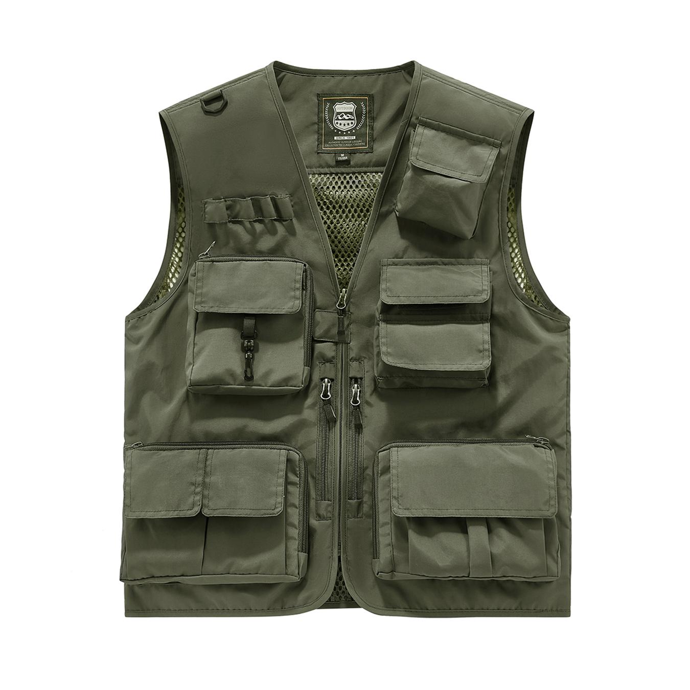 Men’s multi-pocket utility fishing vest, lightweight breathable outdoor vest lined with mesh, functional work vest for hiking, photography, and hunting