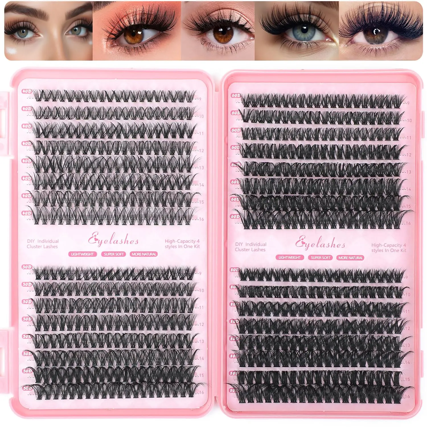 ANIMIZUMU Soft False Eyelash Clusters Kit, 300pcs 10-16mm C Curl Lightweight Eyelash Extensions, Daily Makeup DIY Personal Lashes Kit (No Tweezers), Soft False Eyelashes