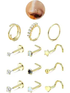 Nose Rings for Women - 14K Gold Filled Hypoallergenic Steel Nose Ring Hoops CZ Lip Ring Screw L Shaped Studs Threadless Flat Back Stud Nose Piercings Jewelry for Women Men