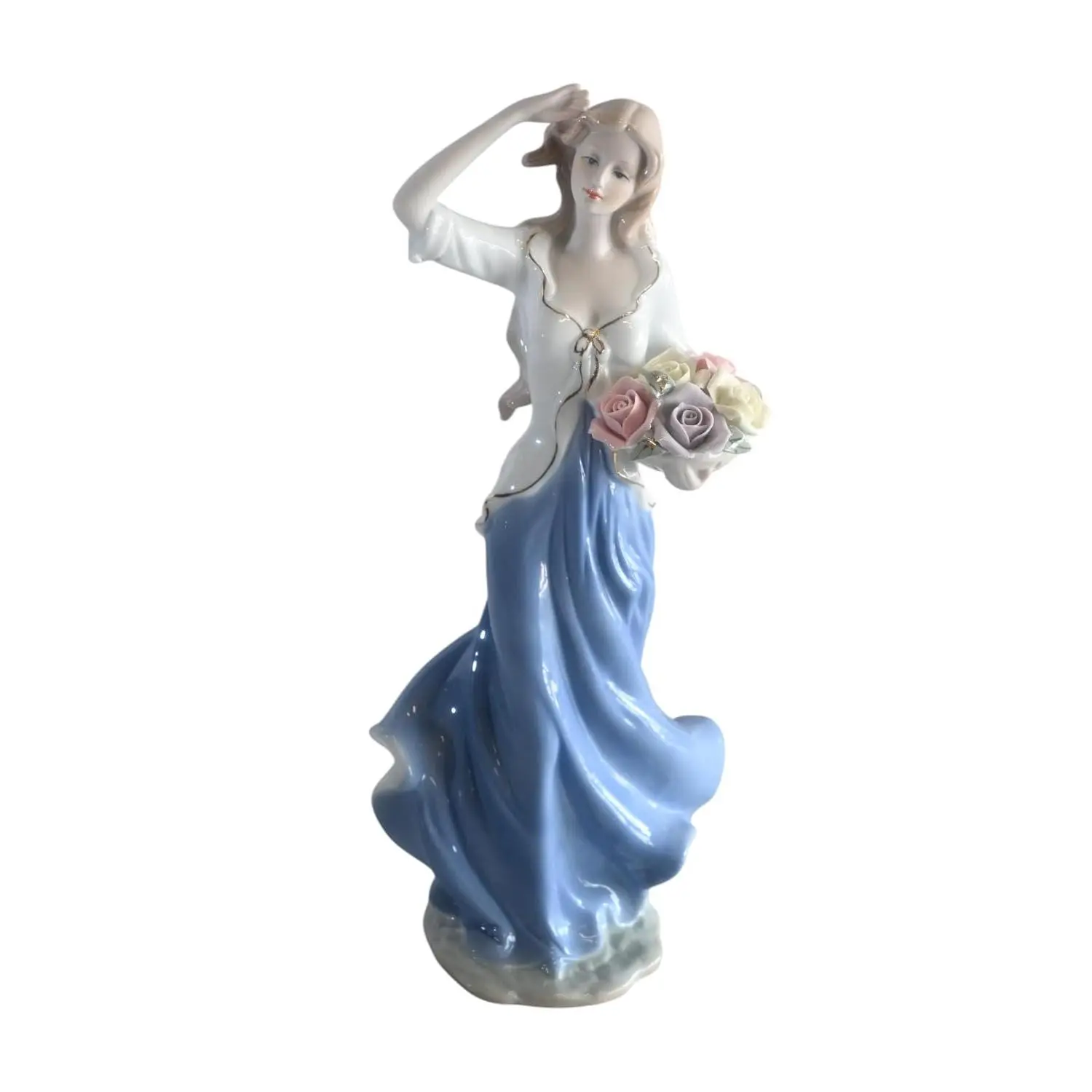 Porcelain Lady White Top Blue Skirt Holding Rose Bouquet 5"x4"x12"H