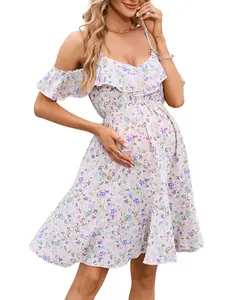 YESFASHION Maternity Nursing Dress Womens V-Neck Spaghetti Strap Ruffle Sleeve Daisy Printed A-Line Tiered Flowy Swing Dress Purple 2XL