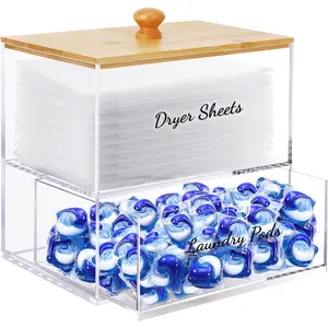 JYPS 1+1 Acrylic Dryer Sheet Holder with Drawer and Bamboo Lid, Clear Acrylic Large-Capacity Laundry Pods Container, Scent Boosters & Powder, Laundry Room Organization decor, Storage Jars Set