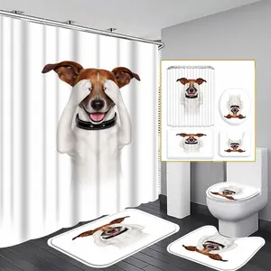 1/3/4PCS Jack Russell Terrier Shower Curtain set, Friendly Dog Bathroom Decor, Accessories with Bath Mat, U-shaped Mat,Toilet Lid Cover, 12 Hooks 180x180cm Curtain, Dog Enthusiast, Home Decor, bathroom accessories.