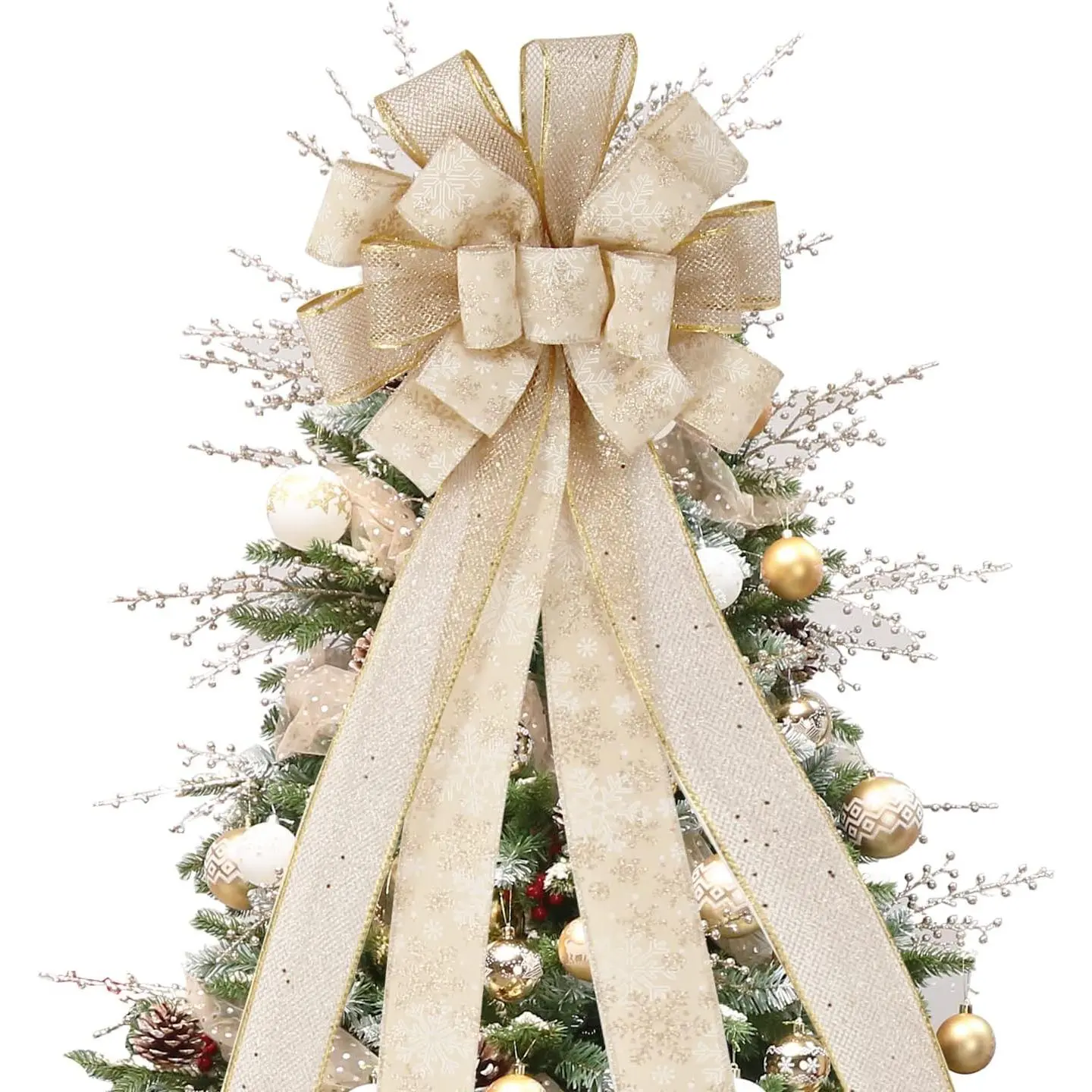 44x12 in Artificial Christmas Tree Topper Bow, Gold/Snowflake Festive Decor, Outdoor Safe Ornament for Family Christmas, Wedding, Birthday Party Indoor Home Supplies