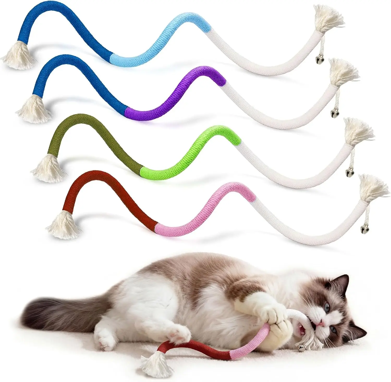 4 Pack Interactive Cat Chew Rope Toys - Durable Hand-Woven Cotton Teaser Sticks with Jingle Bells - Safe Teeth Cleaning & Teething Toys for Indoor Cats, Kittens, and Aggressive Chewers