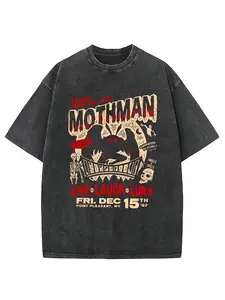Vintage Washed Mothman Terror From The Skies Casual Graphic Tee, Retro Cryptid Crewneck T-Shirt, Urban Legend Streetwear, Casual Style Tee, Graphic Washed Oversized Tees for Men & Women, Summer Round Neck Short Sleeve, Workout T-shirt