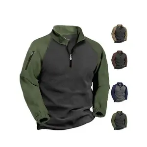 Men’s half-zip fleece pullover with color-block raglan sleeves and an arm zip pocket; long-sleeve hoodie—warm, casual sweatshirt available in multiple colors for autumn/winter daily wear, outdoor hiking, and leisure occasions.