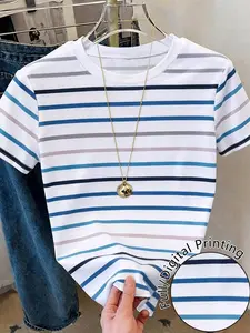 2026 Summer Bestseller Base Multicolor Striped Short Sleeve T-Shirt for Women, Round Neck Slim Fit, Casual Daily Wear, Basic Versatile Top, Womenswear