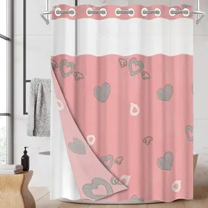 1pc hookless shower curtain with buckle lining, pink and gray heart pattern design, 2D flat printing, waterproof fabric lining, see-through double-layer shower curtain, 71 x 74 inches, modern home draping curtain, Bathroom Curtain, Shower Essentials