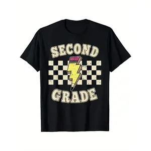 1Retro 2nd Second Grade Teacher Lightning Bolt Pencil Teacher T-Shirt for Girls Boys Girls, Casual Short Sleeve Crew Neck Tee, Boys 100% Cotton, Summer Fashion T Shirt - Perfect for Festival Holiday Gifts, Birthday Party Gifts for Boys Girls