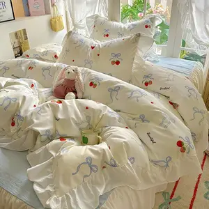 3-Piece Korean Bow Print Bedding Set, Soft Bedding Sets, Includes 1 Fitted Sheet & 2 Pillowcases, Soft Comfortable Home Bedroom Accessories