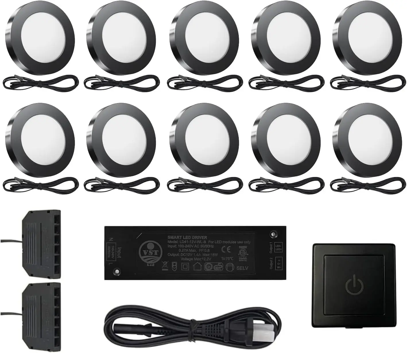 VST 10-Pack Black Under-Cabinet Puck Lights, 12V Plug-in Fixtures with Wired Touch Dimmer Switch, 20W Total, 3000K Warm White, Recessed/Surface Mount