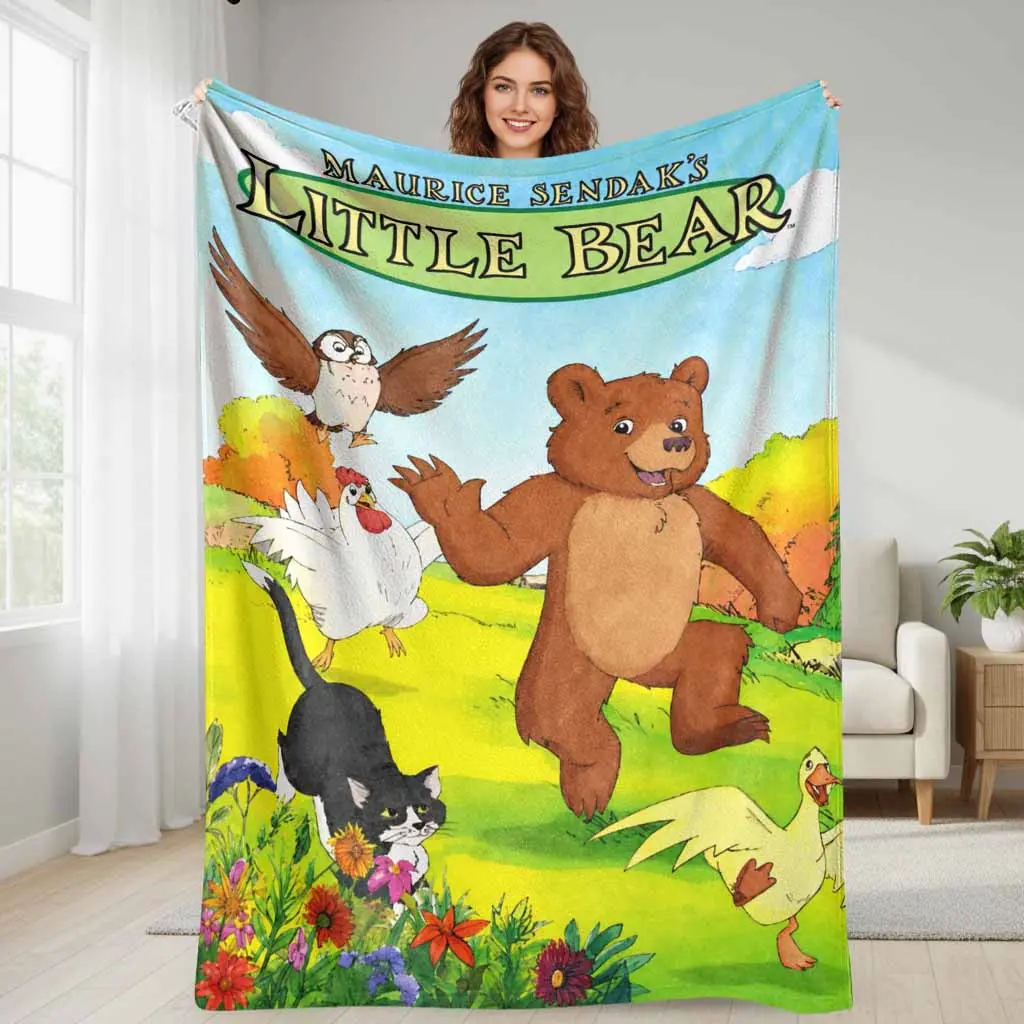 Storybook Bear Flannel Blanket with Woodland Animal Print Featuring Owl Goose Cat Chicken Soft Warm Cozy Lightweight Throw for Sofa Bed Cabin Camping Birthday Gift
