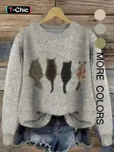 Women's Cat Pattern Knit Sweater, Soft Comfortable Round Neck Pullover, New Design Casual Fashion Lazy Style Top, Knitwear, Basic, Trendy, Versatile, Comfort, Wear, Outfit, Essential, Chic, Elegant, Classy
