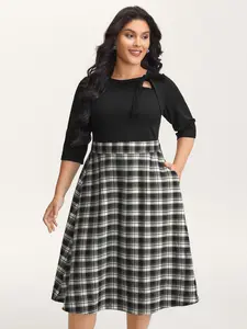 BLOOMCHIC Checkered Print Bow Tie Contrast Midi Dress - Black Plaid, Round Neck, Elbow-Length Sleeve Casual Preppy Style Summer Womenswear with Side Seam Pocket parijan outfits