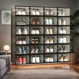 Large Shoe Organizers Storage Boxes for Closet, 12 Pack Clear Plastic Stackable Storage Bins with Lids, Under Bed Shoe Containers for Entryway, Drop Front, Fit up to Women's Size 10,Black