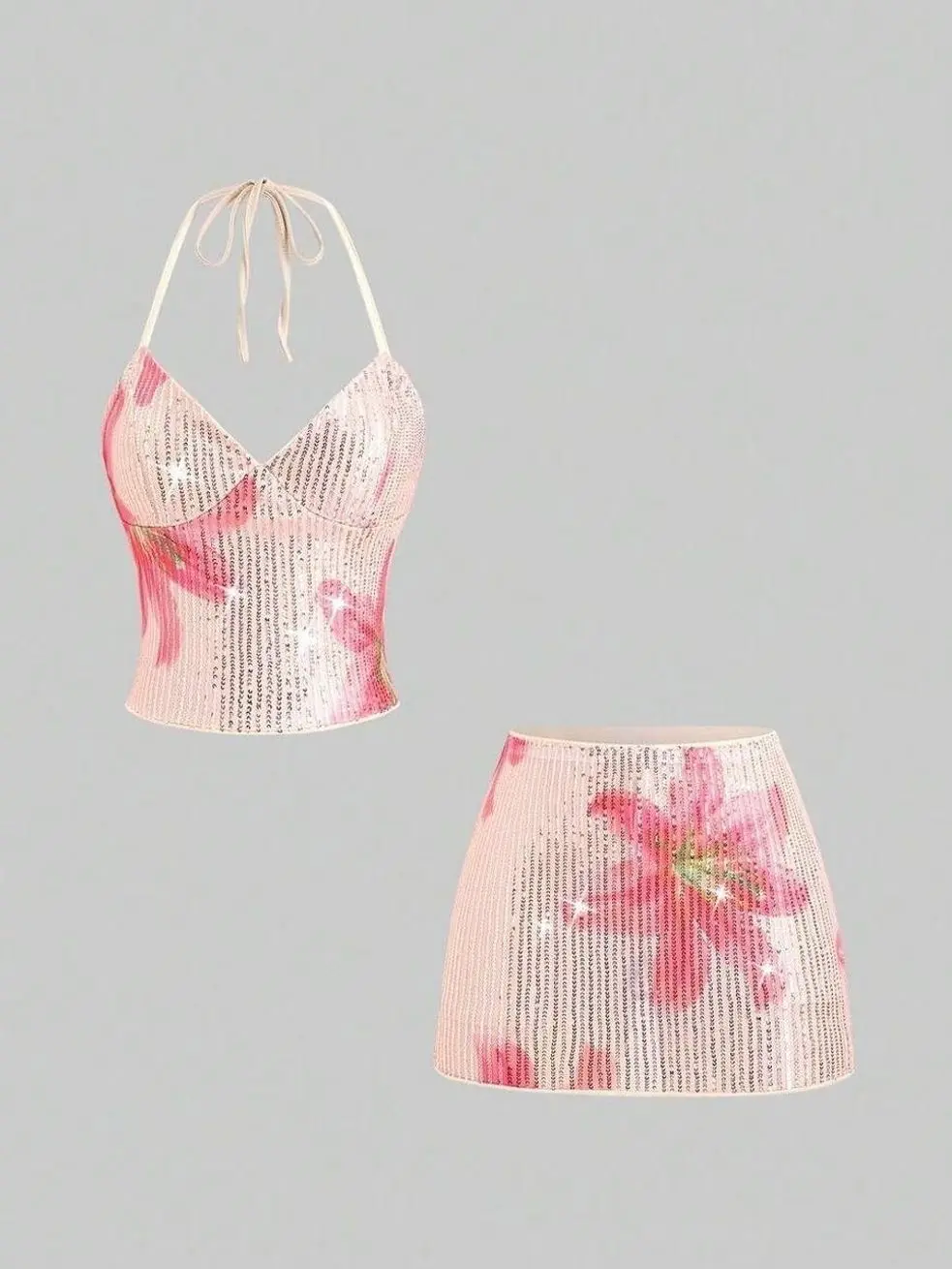 Women's Summer Party Set, Pink Floral Sequin Crop Top & Bodycon Mini Skirt for Date Night, Beach Club & Birthday