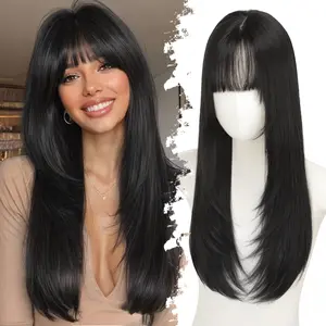 ORSUNCER HAIR Long Black Hair Topper with Bangs for Women, 4x4 Realistic Scalp,Free Parting, Layered Hairstyle Synthetic Heat Resistant for Daily Party Use 20 inch