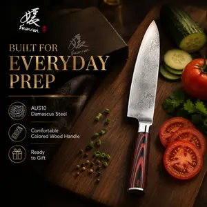8 Inch Damascus Chef Knife, AUS-10 Stainless Steel Kitchen Knife with Color Wood Handle