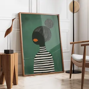 Black Girl, Emerald Green Abstract People Large Wall Art, Stripe Afro Woman, Living Room Print, Contemporary Artwork