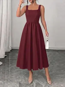 ZANZEA Women's Plain Fitted Square Neck Midi Dress, Elegant Sleeveless Dress for Party Club Dating Wear, Ladies Clothes Womenswear for All Seasons