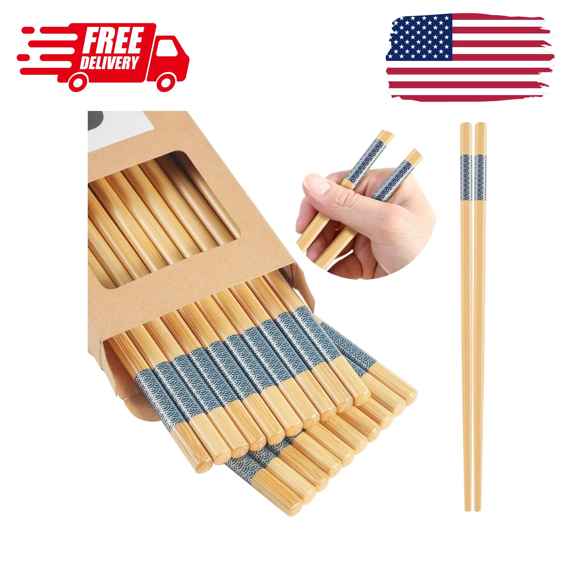 10Pairs Bamboo Chopsticks Reusable | Dishwasher Safe
