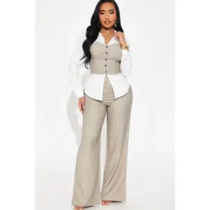 Work Mode Pinstripe Pant Set - Taupe/combo D