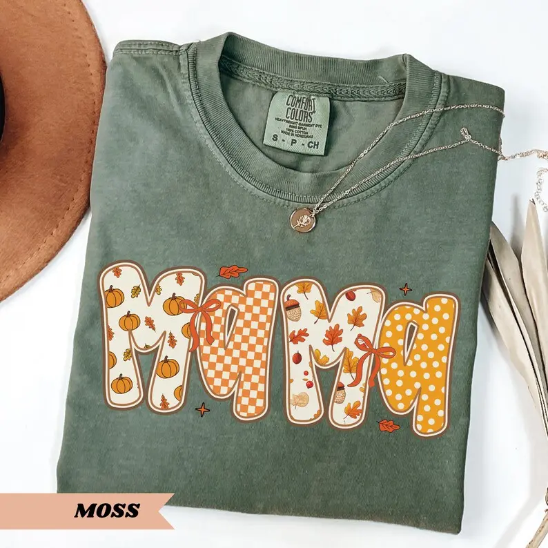 Comfort Colors Mama TShirt Coquette Fall Mama T-Shirt Checkered Mama Tee Retro Mama Tee Pumpkin Season Mom TShirt Thanksgiving Mama Tee