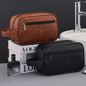 Men Travel Toiletries Storage Bag Portable Makeup Organiser Zipper Handbags Retro Stitching Pu Leather Toiletry Bag Large Capacity Travel Business Trip Men's Portable Toiletry Storage Bag