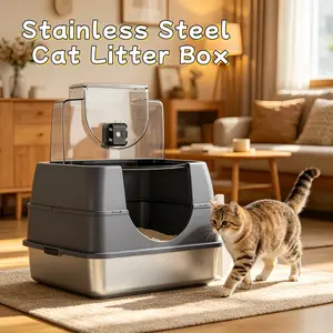 [MeynnPet]  Stainless steel litter box with lid / Flip-top design / Extra-large enclosed metal litter box / Detachable / Comes with a scoop cats cleaning special Generous Space Private Bathroom stainless steel litter box