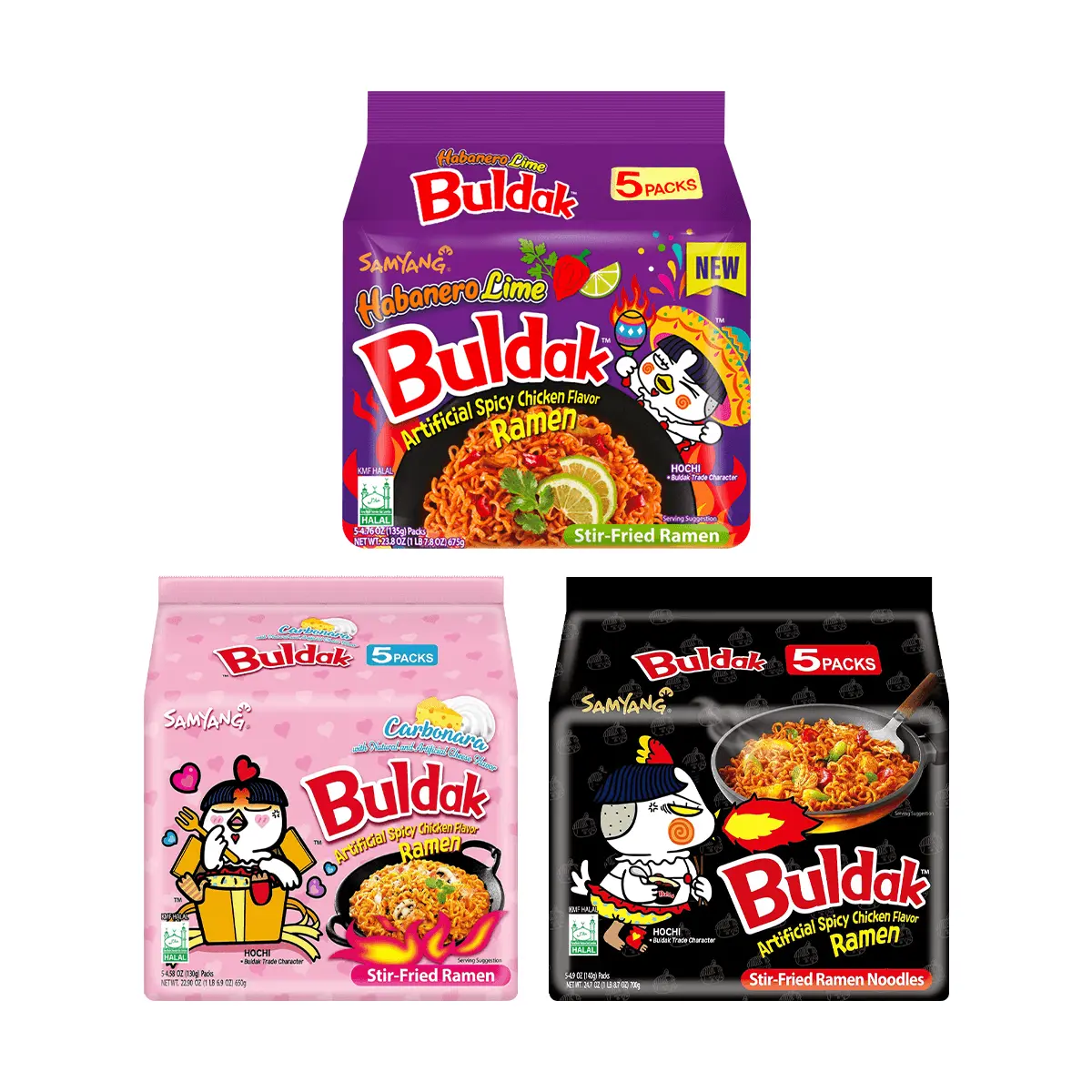 Samyang Buldak Ramen Variety Pack - 15 Packs (2025g) | Hot Chicken Flavor Noodles - Habanero Lemon, Pink Creamy Cheese, Black Spicy