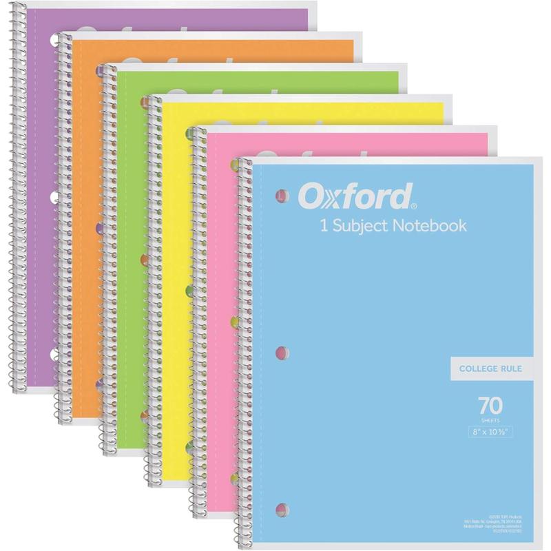 Oxford Spiral Notebook, 1 Subject, College Ruled Paper, 8 x 101/2 Inch, Pastel Pink, Orange, Yellow, Green, Blue and Purple, 70 Sheets (63756), Set 6
