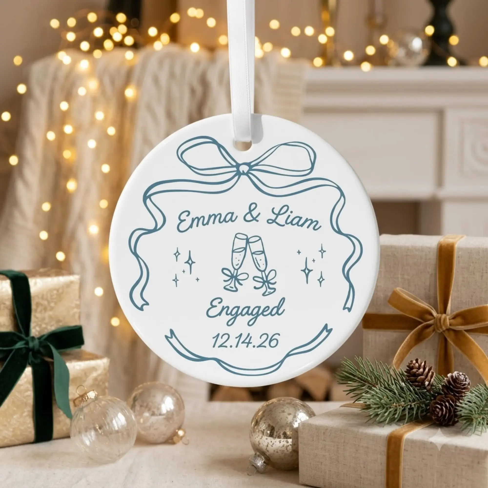 Engaged Couple Christmas Ornament, Personalized Engagement Date, Elegant Ribbon Design, Bridal Shower or Holiday Gift, Circle Ceramic Ornament 2-side