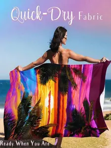 Extra Large Tropical Sunset Beach Towel - Soft, Absorbent, Quick-Dry, Machine Washable For Pool, Camping, Travel, Gym - Vibrant Palm Tree & Ocean Design