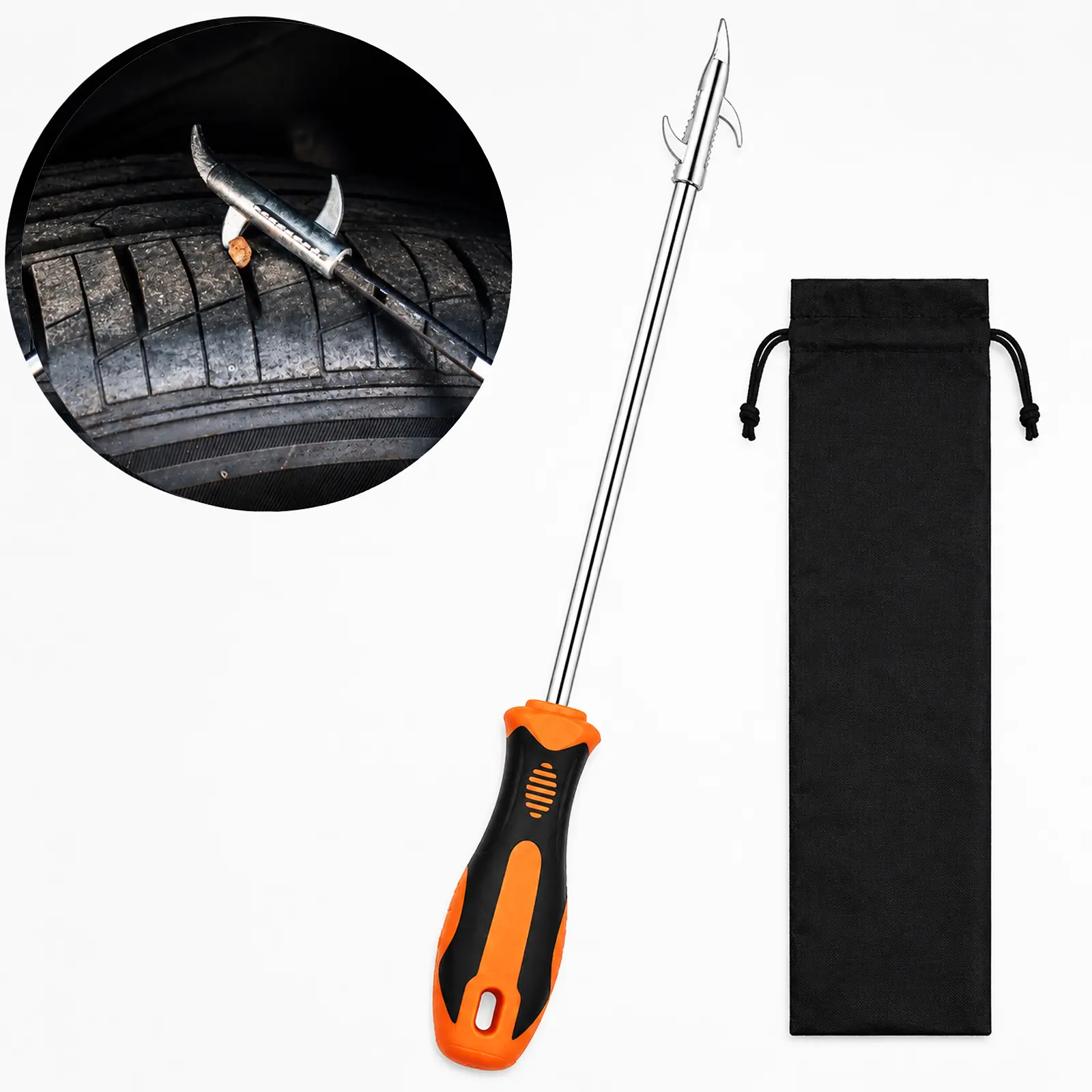 Car Tire Stone Cleaning Hook Tool | 304 Stainless Steel Tire Groove Stone & Gravel Remover | Ergonomic Rubber Handle Wheel Tread Cleaning Scraper for Tire Maintenance and Noise Reduction