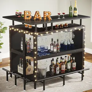 Tribesigns L-Shaped Bar Table, Black, with Footrest & Stemware Racks, Ideal for Home/Kitchen/Pub, 2-Tier Shelves