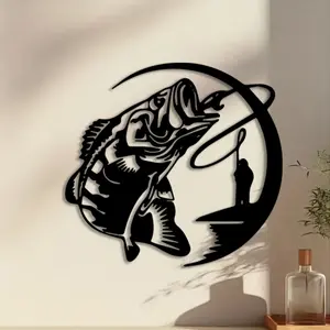 1pc 2D Flat Bass Fishing and Fisherman Metal Wall Art, 2D Flat Bass Fishing and Fisherman Statue Mural, Perfect for Living Room, Indoor/Outdoor, Man Cave Decor, Father's Day Decor, Ideal Gift for Fishing Enthusiasts weird home decor