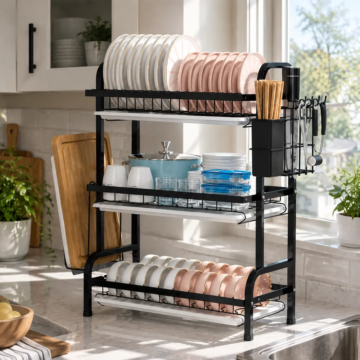 Black 3-Layer Carbon Steel Dish Drying Rack & Multifunctional Organizer Shelf - Rustproof, Lightweight, Sturdy, Space-Saving, Compartmentalized with Plate, Bowl, Cutting Board Holders, Side-Mounted Cutlery Holder, Hooks for Small Kitchens, Apartments